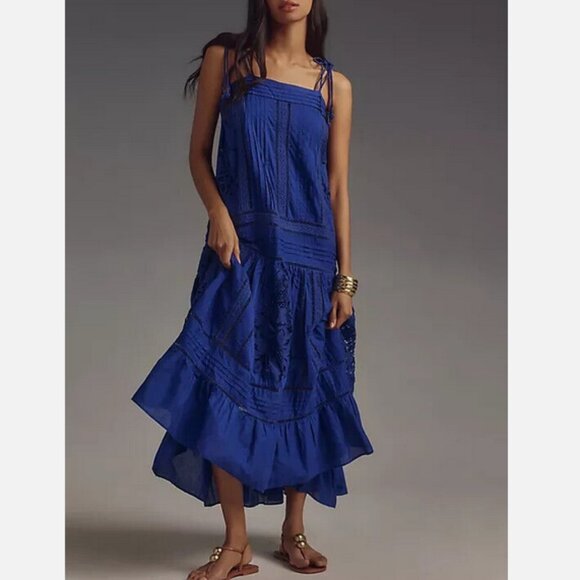 Farm Rio Anthropologie Blue Lace Sleeveless Maxi Dress Embroidered M Medium Nwt